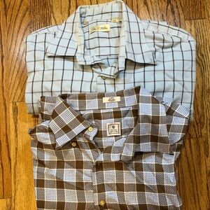 Peter Millar Men's Large Plaid Button Downs Long Sleeve Set of 2 Brown Blue EUC